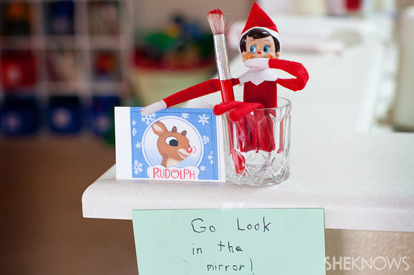 Elf on the Shelf idea 15: Elfie Rojo turns the kids into Rudolph the Red Nosed Reindeer 